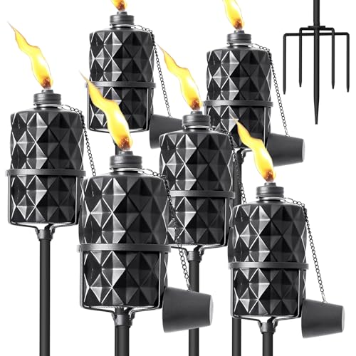 Glass Garden Torch Set of 6, 13.5 oz Outdoor Torch Garden Décor, 58-Inch Upgraded Citronella Torches with 5-Prong Grounded Stake for Party Patio Pathway - color: 6 Pack of Black Glass