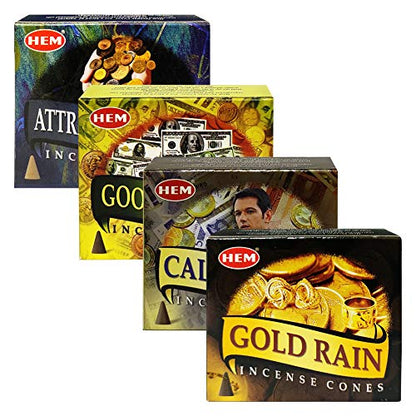 Hem Incense Cones Variety Pack #1 and Cone Incense Burner Bundle with 4 Money Luck and Business Themed Fragrances - color: Popular 4a