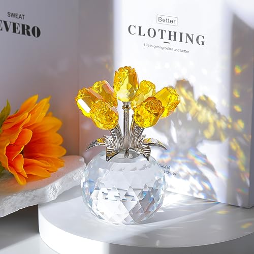 Movdyka Yellow Crystal Rose Glass Flowers with Vase Figurine Home Decor - color: Yellow-crystal Rose