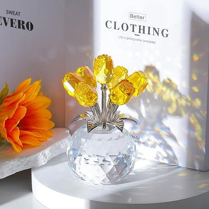 Movdyka Yellow Crystal Rose Glass Flowers with Vase Figurine Home Decor - color: Yellow-crystal Rose