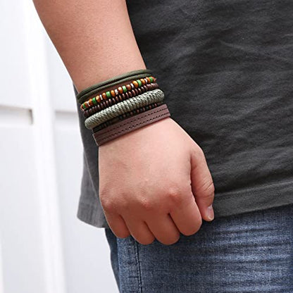 HZMAN Handmade Hemp Cords Wood Beads Leather Bracelets for Men Women - style: Wooden Beaded
