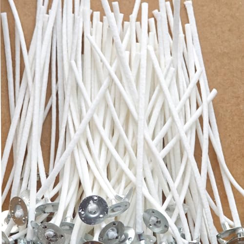 6 inch Pre-Waxed Candle Wicks - 100 Pcs Wicks with 100 Wick Stickers & 1 Gold Tray Holder, Low Smoke Wicks for DIY Candle Making, Soy Wax, Beeswax, Coconut Wax (Gold, 7) - color: Gold, size: 7