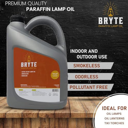 Bryte Premium Lamp Oil - 1 Gallon, Clear & Clean Paraffin, Odorless, Suitable for Indoor/Outdoor Use, Comes with Funnel (1)
