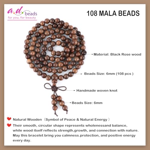 AD Beads 6mm 8mm 108 Prayer Mala Jasper Elastic Bracelet - Handmade Yoga Meditation Healing Power Energy Gifts for Unisex Adult. - color: Black Rose wood(Strengthen the body)
