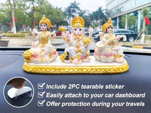 Indian Ganesha Lakshmi Saraswati Statue - 3.9”H Hindu God Ganpati Laxmi for Car Dashboard Decor India Murti Diwali Pooja Gifts for Indian Family Frined Home Office Temple Mandir Altar Puja Item