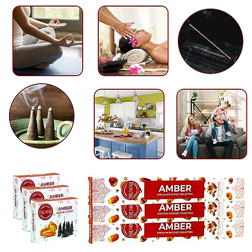 Amber Incense Sticks & Incense Cones Combo Pack - 60 Insence-Sticks + 30 Insence Cones - Inscense - Incense Cones Scented - Insents - color: Amber