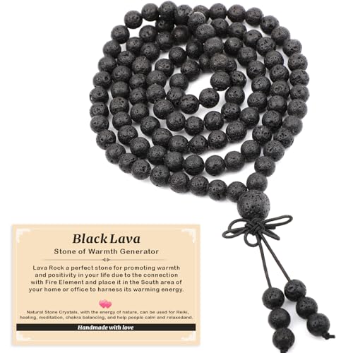 AD Beads 6mm 8mm 108 Prayer Mala Jasper Elastic Bracelet - Handmade Yoga Meditation Healing Power Energy Gifts for Unisex Adult. - color: Black Lava(Warmth)