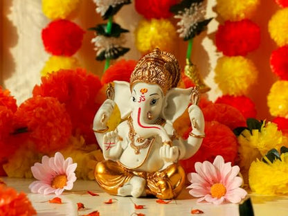 alikiki Hindu God Ganesha Idol Statue - 5.6" H Gold Toned Indian God Lord Ganpati Murti for Diwali Pooja Decor Home Mandir Temple Altar Shrine Puja Item Wedding Spiritual Decors