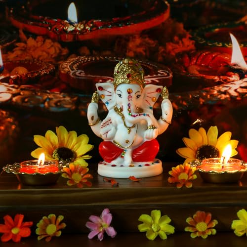 alikiki Polystone Lord Ganesha Statue - 5”H Hindu God Ganpati Idol for Pooja Mandir Home Office Decor Ganesh Murti Temple Altar Shrine Puja Item Indian Spiritual Gifts