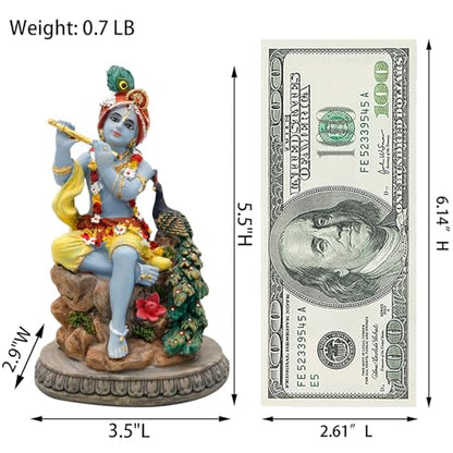 alikiki Hindu God Krishna Statue - 5.5”H India Lord Krishna Idol Play the Flute w/Peacock Murti Item Home Office Temple Mandir Shrine Altar Pooja Decor Diwali Puja Decor Gifts for Indian Friend