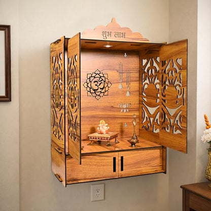 Wooden Temple Mandir for Home with Door | Beautiful Pooja Unit with Storage Space | with LED Light and Wall Mounts | Elegant Pooja Mandir for Home Big Size (Ex Large - 27 * 19 * 11 Inch)