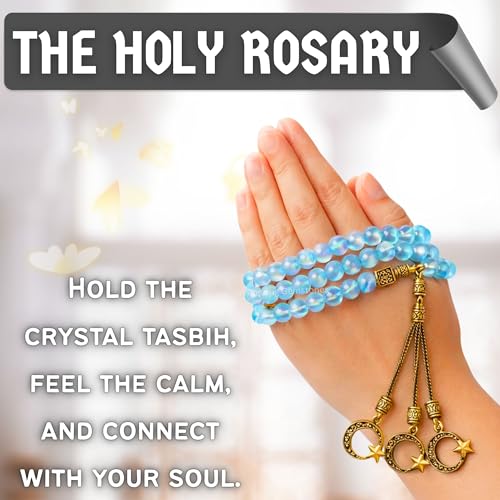 Amazing Gemstone Crystal Tasbeeh with Moon and Star Charm - Certified Crystal Muslim Prayer Beads Natural Gemstone Tasbih Gift for Ramadan Dhikr and Daily Namaz (G) - color: Blue Mermaid Glass