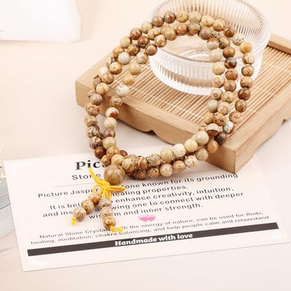 AD Beads 6mm 8mm 108 Prayer Mala Jasper Elastic Bracelet - Handmade Yoga Meditation Healing Power Energy Gifts for Unisex Adult. - color: Picture Jasper(Spiritual)