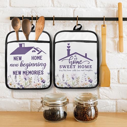 Home Sweet Home Pot Holders with Pockets, Best Housewarming Gifts, House Warming Gifts Oven Pot Holders Heat Resistant Oven Mitts Hot Pads for Kitchen Baking Cooking - color: Violet
