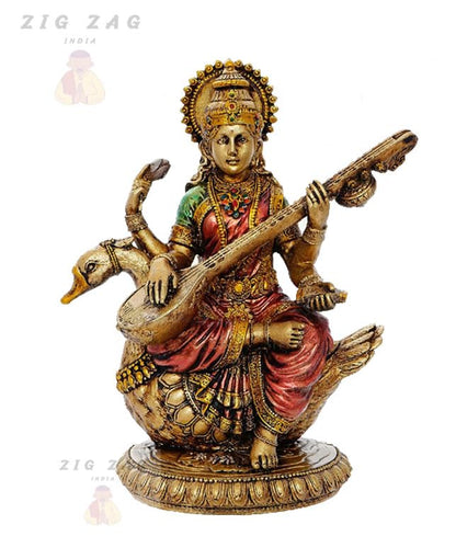 zig zag Maa Saraswati Devi Idol Statue Goddess of Knowledge, Music MATA Saraswati Figurine for School, Office, Home (Multicolor, 8 Inches)