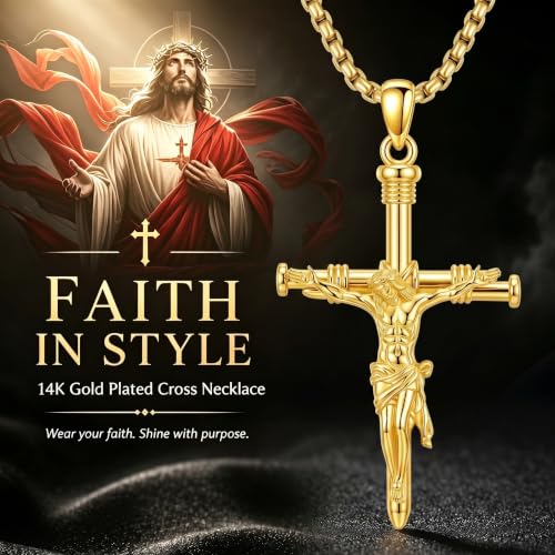 ROMANTICWORK Cross Pendant Necklace 14k Gold Plating Christian Crucifix Necklace Religious Confirmation Jewelry Gifts for Men Women - color: Jesus Cross