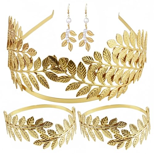5 Pcs Greek Goddess Costume Accessories Set for Women, Gold Laurel Leaf Crown Headband, Adjustable Leaf Arm Cuffs & Dangle Earrings, Roman Toga Party Costume Set for Bridal Wedding Halloween Cosplay - style: Classic