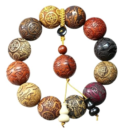 Pear Wood Buddha Beads Mala Bracelet Hand Carved Wooden Beads with Luminous Jade Lucky Charms Wealth Attracting Buddhist Prayer Bracelet for Men and Women Healing Energy Running Ring - color: Multicolor