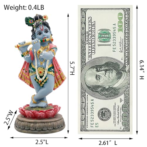 alikiki Hindu Krishna Idol Statue - 5.7”H Indian God Lord Krishna on Lotus Playing Flute India Murti Item Home Office Temple Mandir Shrine Altar Pooja Decor Diwali Puja Gifts for Indian Friends
