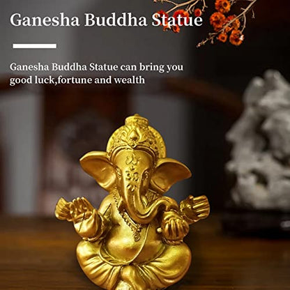 Hindu Gold Lord Ganesha Statues,1PC Mini Indian Elephant God Statue Resin Sculpture,Ganesh Figurine Handmade Elephant Ornaments Decoration for Home Office Car