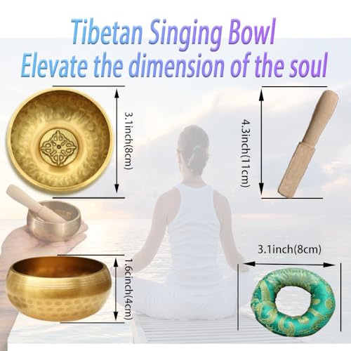 8Pcs Tibetan Buddhist Meditation Set,3.1in Singing Bowl,7.5in Brass Bell Dorje Vajra,2.5in Tingsha Cymbals Bells,Singing Scripture Implement Buddhist Supplies,Tibetan Dharma Mat and Zen Bag,HDRELEODY