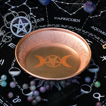 Copper Offering Prayer Ritual Bowl - Carving Moon Phase Brass Decorative Plate Great for use Smudging, Incense Burner Holder,Candle Dish, Ash Catcher,Jewelry Dish,Keys Basket - style: Three Moon Phase