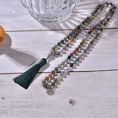 108 Mala Prayer Beads Necklace Natural Stones Meditation Yoga Jewery 108 Hand Knotted Japa Mala Beaded Long Tassel Necklace with Tree of Life Pendant for Men and Women - color: 8mm Indian Agate