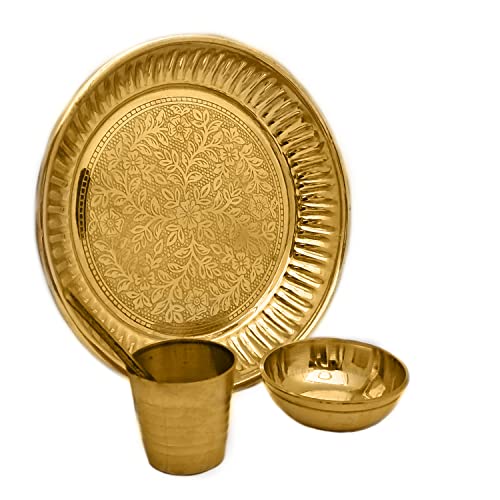 Satvik Brass 4 Pc Bhog Thali Set for Laddu Gopal with Glass, Bowl and Pooja Spoon for Home and Temple Kanha Ji Bhog Plate Set (Small) - size: Small