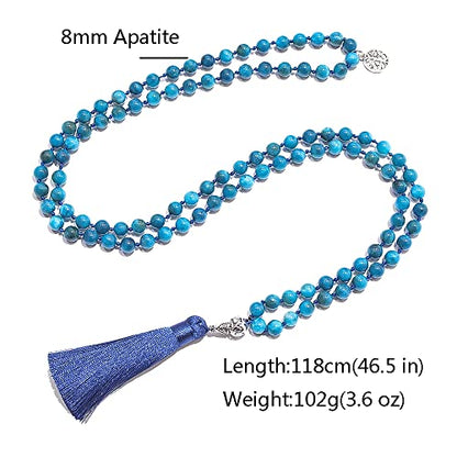 108 Mala Prayer Beads Necklace Natural Stones Meditation Yoga Jewery 108 Hand Knotted Japa Mala Beaded Long Tassel Necklace with Tree of Life Pendant for Men and Women - color: Blue Apatite