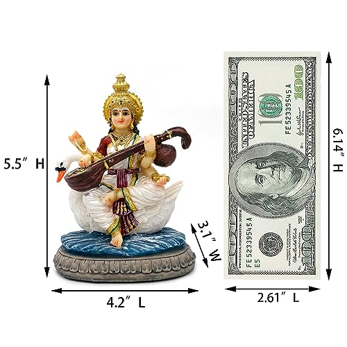 alikiki Indian Gifts Item Saraswati Statue - 5.5”H Saraswati Puja Diwali Gifts Pooja Vasant Panchami Home Office Temple Mandir Altar Yoga Studio Meditation Room Decor India Wedding Housewarming Gifts