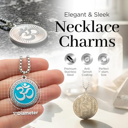 1" Stainless Steel Necklace Charms | Third Eye Vision | Peace Symbol | Finding Your Self | Yin & Yang | Moon Cat | Turtle Power | Flower of Life | | OM | Mystical Spiritual Protection, for Men & Women - style: OM Radiant Sky Silver