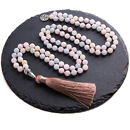 108 Mala Prayer Beads Necklace Natural Stones Meditation Yoga Jewery 108 Hand Knotted Japa Mala Beaded Long Tassel Necklace with Tree of Life Pendant for Men and Women - color: 8mm morganite