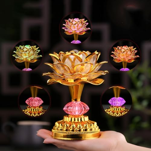 Colorful LED Lotus Buddhist Lamp, Built 13 Buddhist Songs - Gold - color: Golden