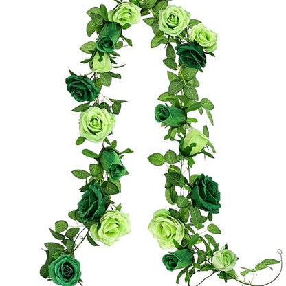 GREENTIME 2Pack 6.5FT Mixed Green Artificial Flower Garland Fake Rose Vines - color: Light Emerald Green