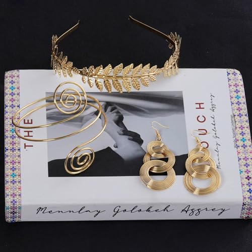 9 Pcs Greek Goddess Accessories for Women Golden Roman Laurel Leaf Crown Headband Upper Arm Cuff Bracelet Pearl Drop Earrings Necklace Toga Waist Belt Toga Costume Jewelry for Bridal Bridesmaid Wedding Party - style: Graceful