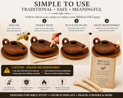 Biblical Oil Lamp Set, Handmade Holy Land Clay Lamp with Plate & 2 Wicks - color: Antique / Black