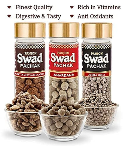 Swad MAHA SAVER PACK- Swad 25 Candy Pouchwith 3 premium bottles of Swad Pachak - ANARDANA, JEERA GOLI & KHATTA MEETHA KHAJOOR (Pack of 3) - style: Saver Pack