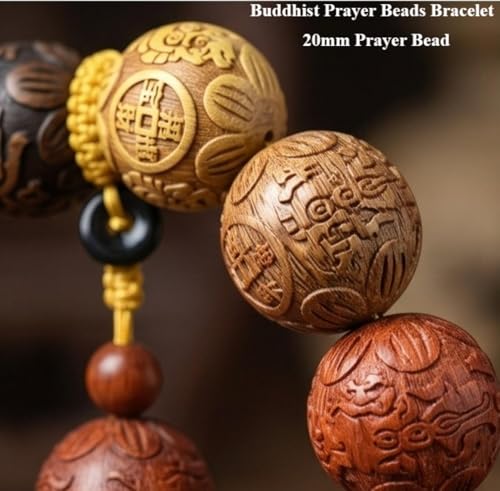 Pear Wood Buddha Beads Mala Bracelet Hand Carved Wooden Beads with Luminous Jade Lucky Charms Wealth Attracting Buddhist Prayer Bracelet for Men and Women Healing Energy Running Ring - color: Multicolor