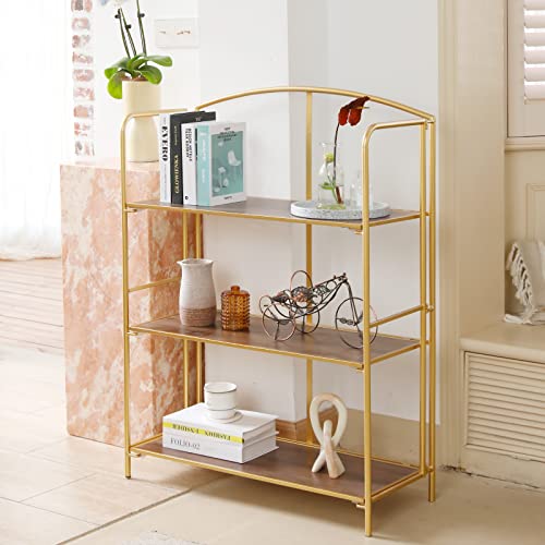 Crofy 3-Tier Wider Foldable Bookshelf, Gold Frame & Walnut Shelves - color: Gold Frame & Walnut Shelf, size: 3 Tier Wider