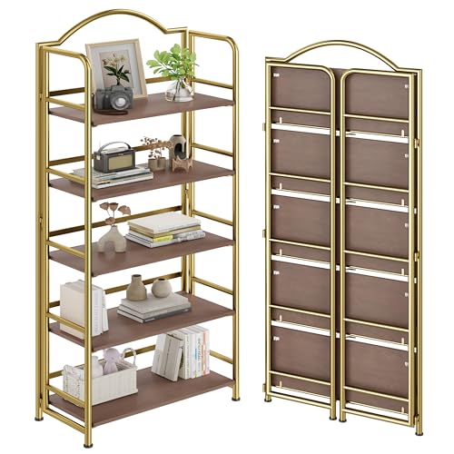 Gold Folding Bookshelf 5 Tiers, No Assembly,Vintage Storage Rack,Brown&Gold - color: Brown&gold-2, size: 5-tier