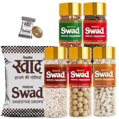 Swad Candy Pack (25 Digestive Tangy Toffee) & After Meal Mouthfresheners (Anardana, Banarasi Paan, White Sauf, Navratan Mix, Khatta Meetha Aam) 100% Vegan & Gluten Free Indian Mukhwas Sweets, 6 pcs Jute Gift Set (Super Saver Pack) - style: Maha Saver Pack
