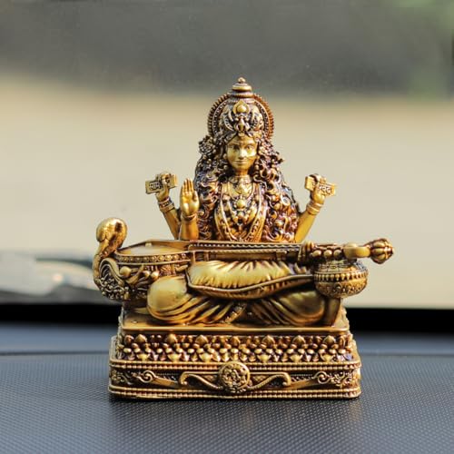 Artarium Saraswati Idol Statue 4 Inch, Hindu Goddess of Knowledge & Music Figurine with Veena for Car Dashboard, Home Temple, Yoga Studio Meditation Room Decor & Religious Gift - color: Saraswati Mata 3 - Antique