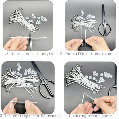 100Pcs Candle Wicks 4 Inch,100pcs Candle Wick Stickers,Candle Wick Centering Device,20 Pcs Metal Sustainer Tabs,5pcs Candle Wick Holder Materiales para Hacer Velas - size: 4 inches