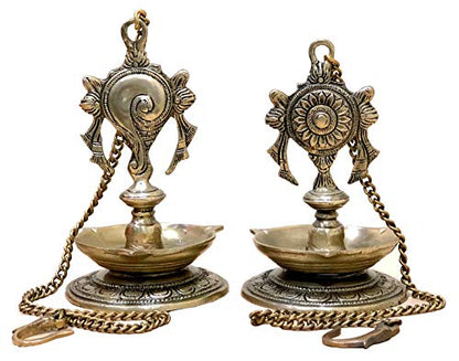 StonKraft - Pair of Brass Hanging Diya, Oil Lamp, Lamp for Home and Office (Hanging Length 25.75")