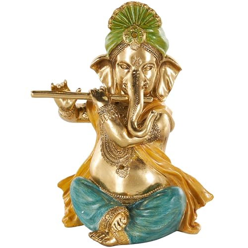 Deco 79 Resin Ganesh Decorative Sculpture Musician Home Decor Statue with Green, Yellow, and Teal Accents, Accent Figurine 9" x 6" x 11", Gold - color: Gold, size: 9" x 6" x 11"