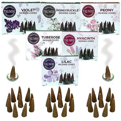TRUMIRI Blossom Incense Cones - Variety Pack - Total 60 Cone Incense (6 Scents x 10 Conos) - Peony, Lilac, Violet, Honeysuckle, Hyacinth, Tuberose - Cone Incense Scents - Insense Cones - Incent Cone - color: Blossom