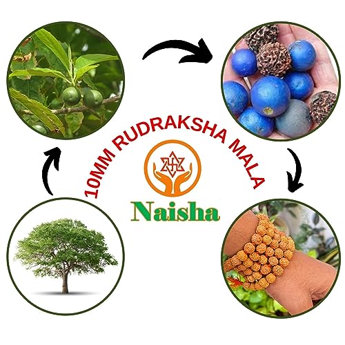 NAISHA 10 MM Rudraksha Mala 108+1 Beads Necklace, Beads Natural Himalaya 5 face Panch Mukhi Rudraksha, Prayer Beads, Wrist Mala Wrap, Jaap Mala (1 Pack)