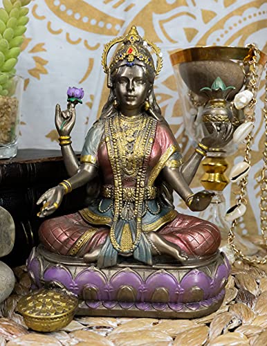 Ebros Hindu Goddess of Wealth and Prosperity Lakshmi Sitting On Lotus Throne Statue Hindu Decor Figurine