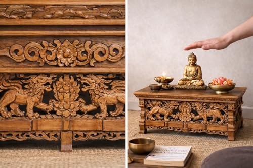Tribe Azure Fair Trade Small Snow Lion Altar Table, Hand Carved Wooden Table with Majestic Garuda, 16 in x 9 in x 9 in - size: Small Snow Lion