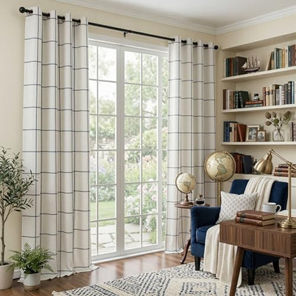 MYSKY HOME 100% Blackout Plaid Farmhouse Linen Curtains 90 Inch Long 2 Panels Set Double Layer Windowpane Drapes Thermal Insulated Privacy Protection Grommet Window Treatment, 52" W, Navy Blue - color: Navy Blue, size: 52"W x 90"L (Pack of 2)